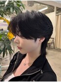 センターパートメンズカット韓国ヘアダウンパーマ刈り上げなし