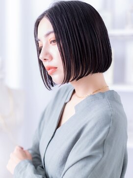 黒髪艶カラーシンメトリー切りっぱなしボブa越谷20代30代40代