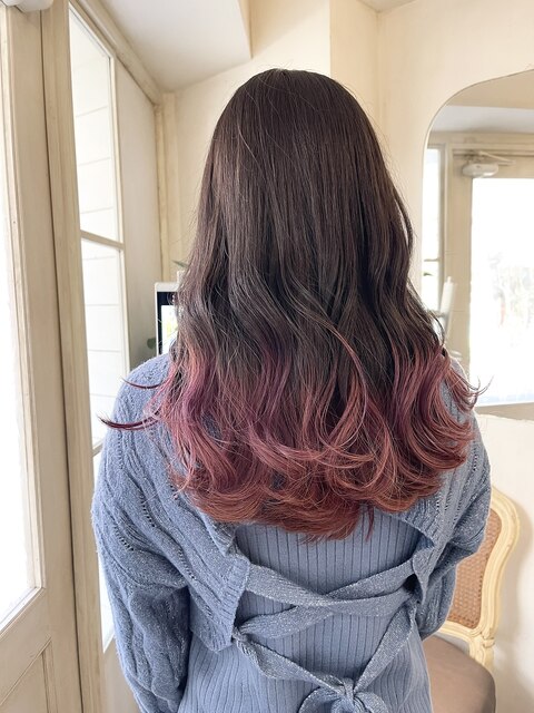 ブリーチ裾カラーショコラピンク毛先ロングヘア30代梅ヶ丘美容室