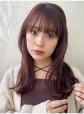 ピンクブラウン くびれヘア ワイドバンク ぱっつん前髪