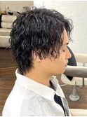 緩め波巻きスパイラルパーマセンターパートウルフサーフカール