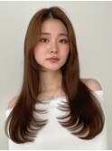 ワンレン前髪なし大人ロングレイヤーカット顔周りハッシュカット