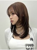 ハッシュカットハイレイヤーブリーチなしダブルカラーブラウン