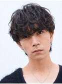 難波シャドウパーマメンズマッシュウルフカット波巻きパーマ色気