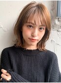 ボブルフ大人かわいいピンクベージュ薄めバングくびれモテ髪