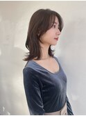 大人くびれレイヤーロングウルフシースルーバンググレーベージュ