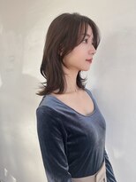 大人くびれレイヤーロングウルフシースルーバンググレーベージュ
