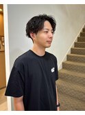 センターパート波巻きパーマ/メンズカット