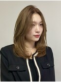 ミディアムレイヤーゆるふわミディアム韓国ヘアヘーゼルブラウン