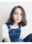セミウェットウェーブ/ダークアッシュ/カールヘア/ベビーバング