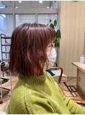 ボブ/切りっぱなし/コーラルピンク/オン眉/ウェーブ/似合わせ
