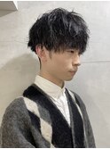 ブルーブラック　フェザーパーマ　サーフカール　センターパート