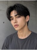 men's/ツーブロックセンターパート/黒染め/ニュアンスパーマ