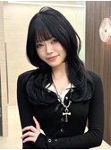 小顔ロングワンホンレイヤーカットハッシュカットブルーブラック