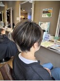 大人ショート細めハイライト白髪ぼかしくすみカラー40代50代