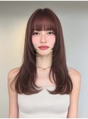艶ピンクブラウン×ぱつっと前髪の韓国フェミニンロング