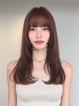 シュガーアンドソルト(SUGAR&SALT) 艶ピンクブラウン×ぱつっと前髪の韓国フェミニンロング