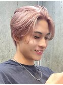 韓国メンズピンクベージュミルクティーカラーセンターパートヘア