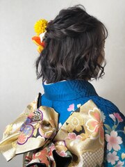 成人式　着付　ヘアセット　ハーフアップ　ボブ　波ウェーブ