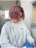 ペールバイオレットハイトーン束感ショートツーブロックマッシュ