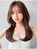 斜めバンググランマッシュ艶感うる艶髪暗めカラーワンカール
