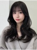 韓国風/小顔/レイヤーカット/シースルーバング/黒髪/ネビージュ