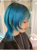 ウルフカット　ターコイズブルー　ダブルカラー