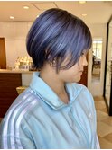 大人可愛い20代30代前下がりブルーバイオレットシルバーショート