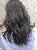 黒髪/グレーベージュ/レイヤーロング/アッシュ/前髪パーマ