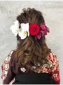 卒業式 生花 波巻き ハーフアップアレンジ