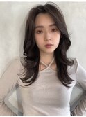 レイヤーロング×韓国風ショコラグレーベージュ前髪パーマ