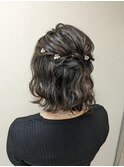 ボブハーフアップ 波ウェーブ 結婚式お呼ばれヘアアレンジ