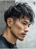 メンズパーマ/韓国マッシュ/スパイキーショート/ブルーブラック