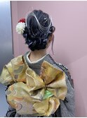 成人式着付け/編み込みアレンジ/水引ヘア/金箔ヘア/インナー白