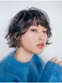 斜めバング/Aラインボブ/ショコラアッシュ/春パーマ/黒髪