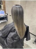バレイヤージュ、ハイライト、レイヤーロング、グレーベージュ