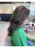 ロングレイヤーオリーブベージュ白髪ぼかしグレイカラー30代40代