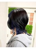 インナネイビーカラー前髪ポイントカラーネイビーサブカルウルフ