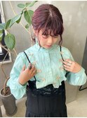 ピンクカラー　赤髪　暖色系　パーマ　ミディアム　ワイン-