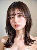 ミディアムレイヤーくびれヘアアプリコットオレンジ20代30代40代