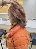 大人白髪ぼかしピンクオレンジハイライトカラーレイヤー