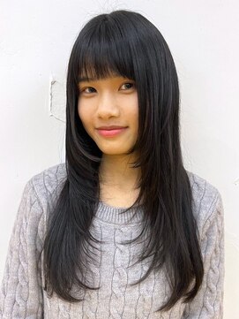 ソンノ(sonno) ブルーブラック ぱっつん前髪 顔まわりレイヤー ロングヘア