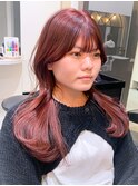 暖色ピンクブラウンレッドカラーレイヤーロング[大宮]