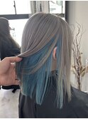 ホワイトシルバーグレージュアイスブルーインナーカラーボブ岡山