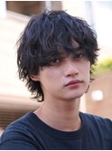 難波シャドウパーマメンズマッシュウルフカット波巻きパーマ色気