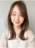 美髪前髪くせ毛風カール斜めバングセミディモテ髪薄めバング
