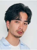 原宿緩めフェザーパーマメンズカット刈り上げセンターパート30代