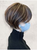 30代40代◎ハイライト白髪ぼかし小顔ひし形ショートボブ