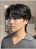 黒髪毛流れセンターパートパーマワックスなしニュアンスパーマ