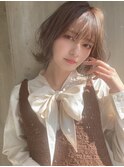 韓国風/透明感カラー/オリーブアッシュ/ぱっつん前髪/小顔カット